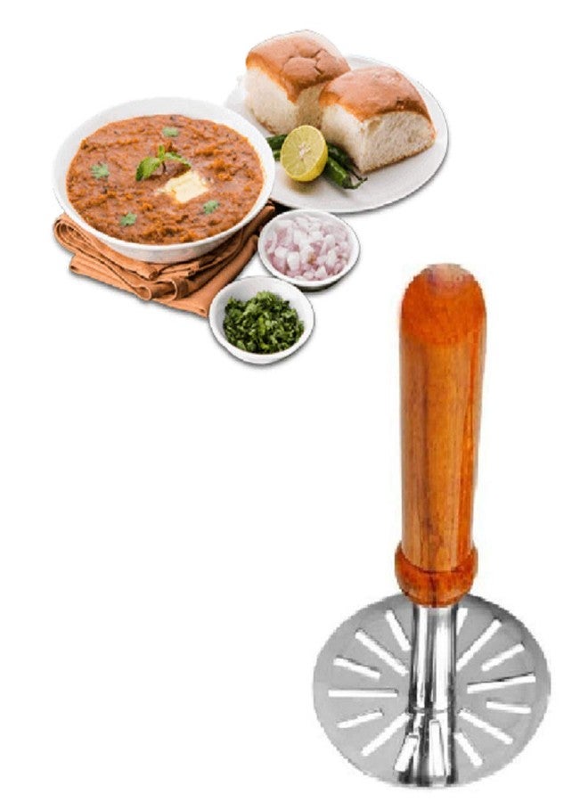 N M Z Potato Vegetable & Pav Bhaji Masher with Wooden Handle Silver & WoodenColor - Image 3